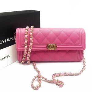 Authentic CHANEL Boy CC Flap Lambskin Wallet Chain Shoulder Crossbody Pink Gold